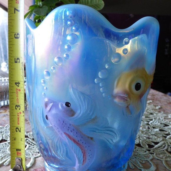 FENTON BLUE OPALESCENT SCALLOPED RIM FISH BOWL VASE PLANTER HANDPAINTED SIGNED - Picture 14 of 14